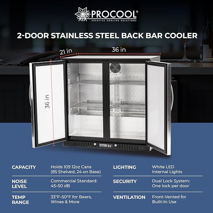 Procool 2-Door Counter Height Beverage Refrigerator - 36" Wide Energy Efficient Stainless Steel Bar Fridge With LED Lighting - Commercial Back Bar Cooler - View 6 | Fridge.com