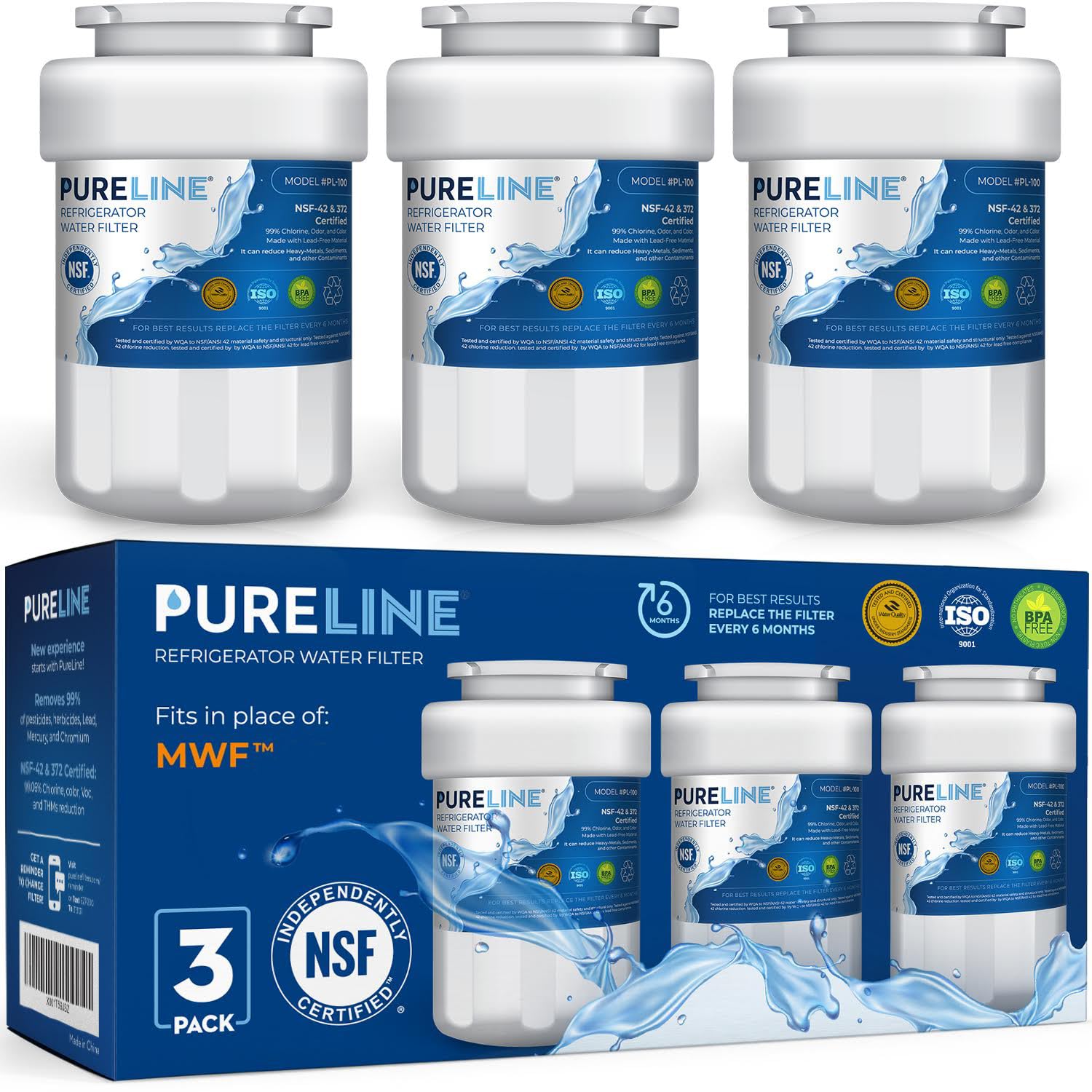 Pureline Replacement for GE® MWF® Refrigerator Water Filter, Smartwater MWFP, Kenmore 46-9991, Models MWFP, MWFINT, GWF, GWFA, Refrigerator Water Filter. NSF Certified. (3 Pack) | Fridge.com