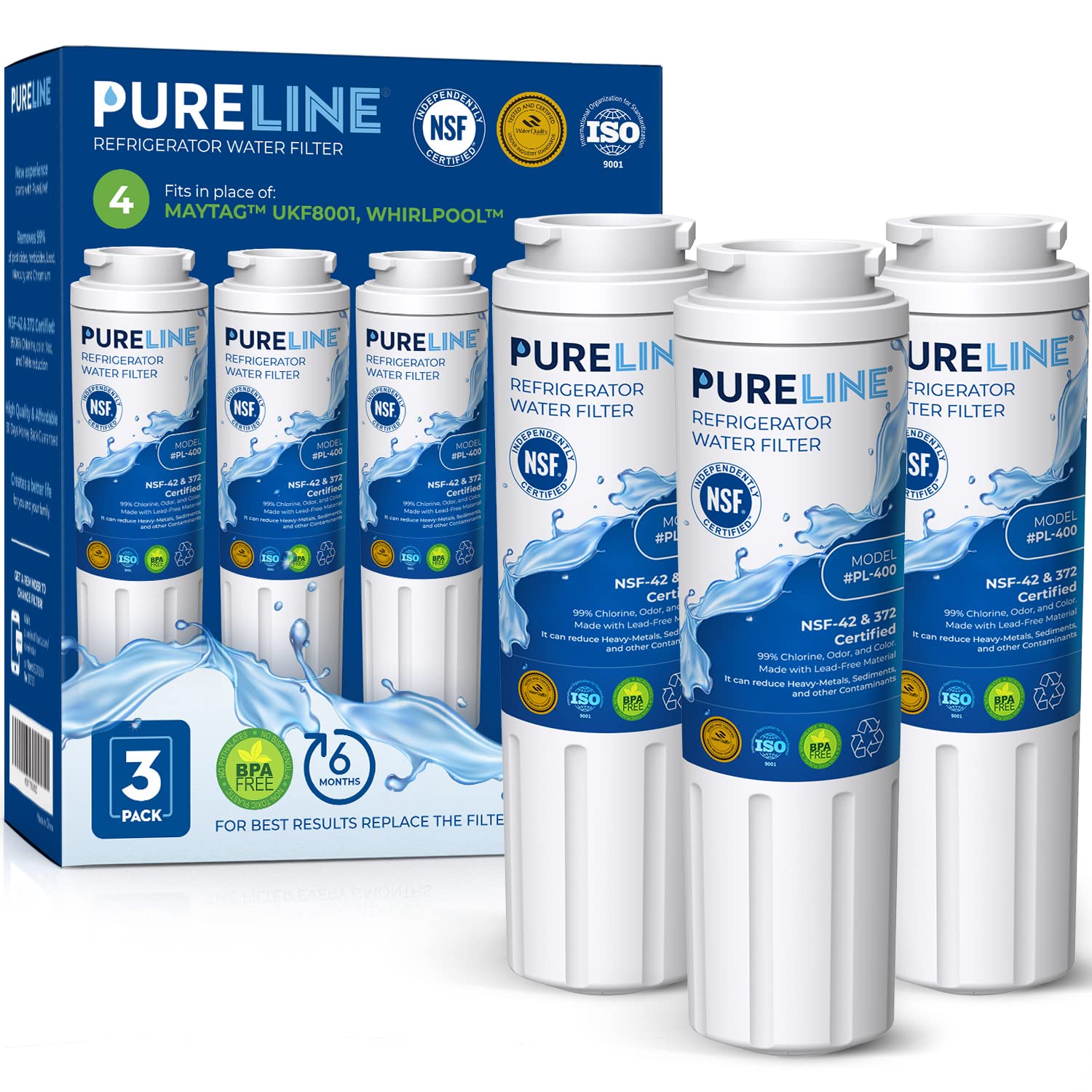 Pureline Ukf8001 Refrigerator Water Filter Replacement, Edr4rxd1, Everydrop Filter 4, Ukf8001axx-750, Ukf8001axx-200, Maytag Ukf8001, Whirlpool Edr4rxd1, 4396395, Kenmore 9084, 9006, (3 Pack) | Fridge.com
