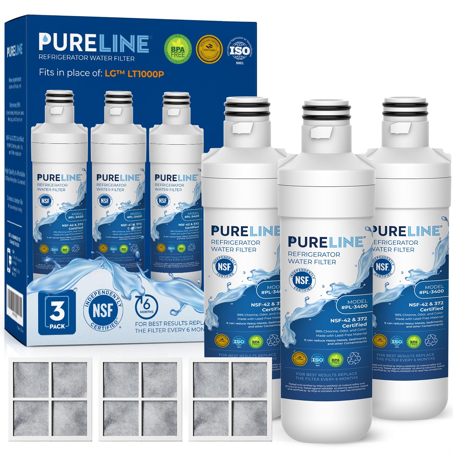 Pureline LT1000PC Refrigerator Water Filter Replacement for LG LT1000P, ADQ747935, MDJ64844601, Kenmore 46-9980 and LT120F Air Filter (3 Pack) | Fridge.com
