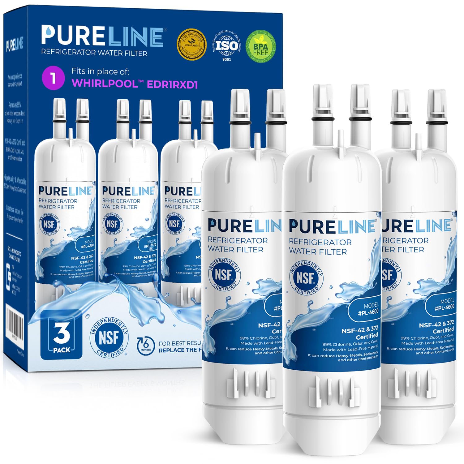 Pureline EDR1RXD1 Water Filter Replacement For Everydrop® Filter 1, W10295370A, P8RFWB2L, P4RFWB, EDR1RXD1B, Kenmore® 46-9081, 46-9930 Refrigerator Water Filter (3 Pack) | Fridge.com
