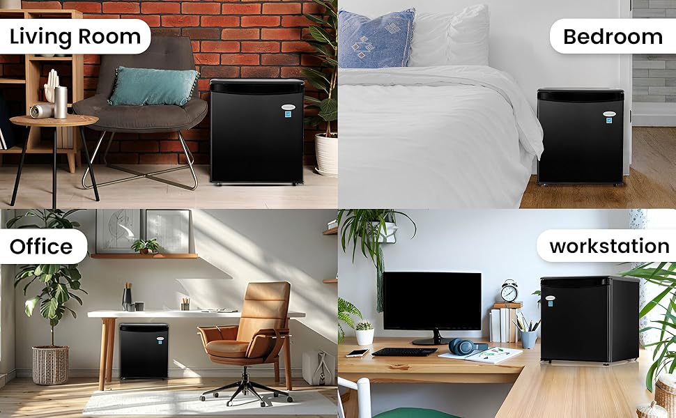 Roomwell E-Star 1.7 cu ft Mini Fridge For Office, Compact Black Small Refrigerator Without Freezer Automatic Defrost With Integrated Door Handle, 37 dB Countertop Fridge Quite, Ideal For Bedroom, Dorm - View 5 | Fridge.com