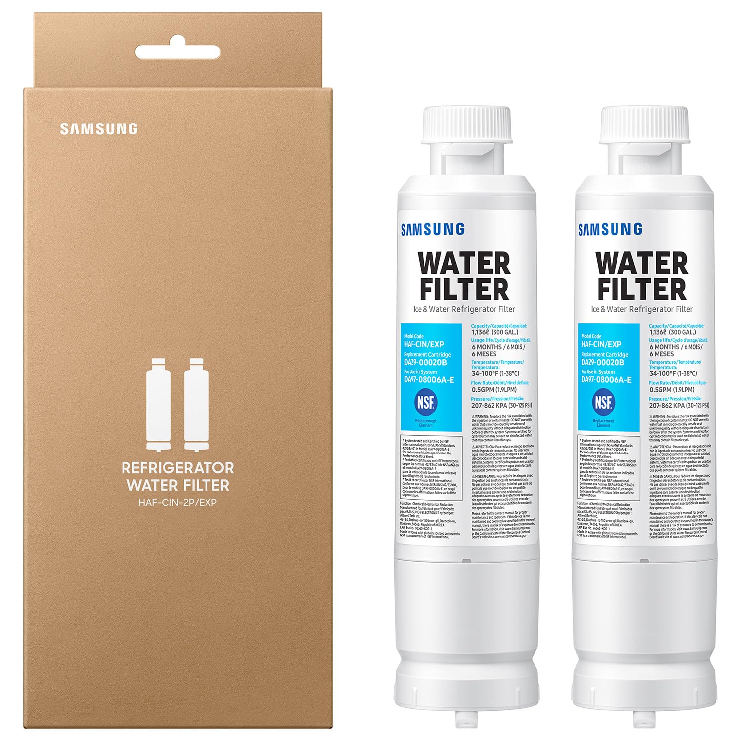 Samsung Haf-Cin-2p/Exp Genuine Refrigerator Water Filter, Reduces 99% Of Harmful Contaminants For Clean, Clear Drinking Water, 6-Month Life, Easy Install, Pack Of 2 | Fridge.com