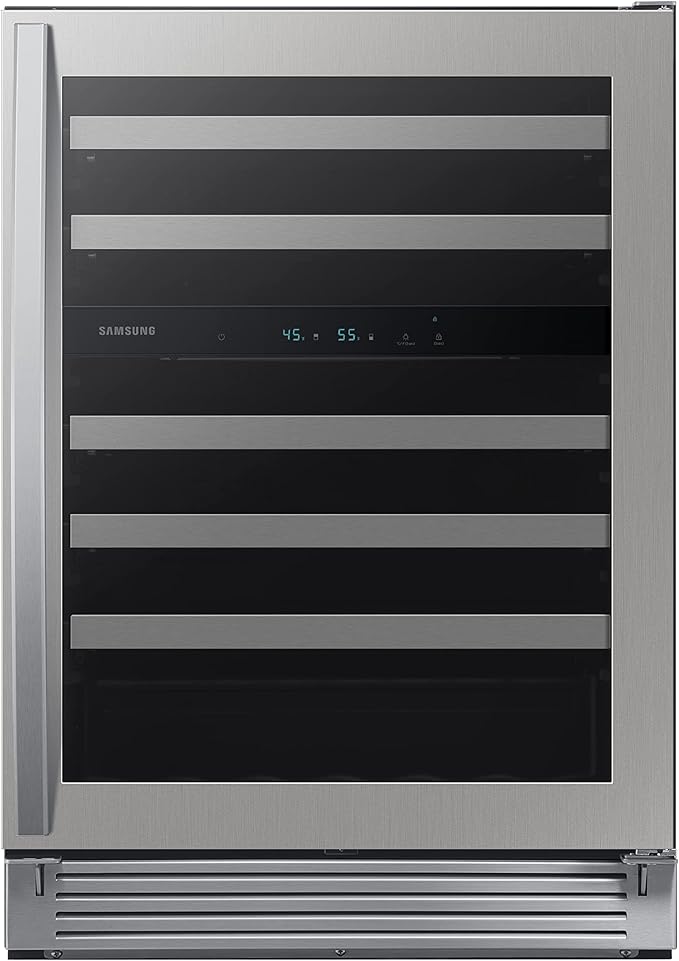 SAMSUNG 34-Inch Wine Cooler Refrigerator, 51 Bottle Capacity, Freestanding, Under Cabinet Fridge w/ Dual Temperature Zones, LED Lighting, Fingerprint Resistant, RW51TS338SR/AA, Stainless Steel | Fridge.com