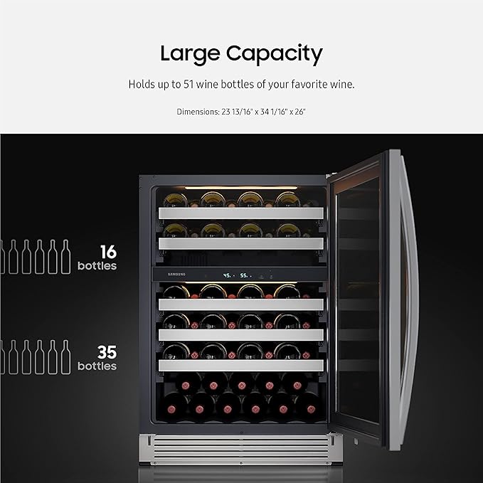 Samsung 34-Inch Wine Cooler Refrigerator, 51 Bottle Capacity, Freestanding, Under Cabinet Fridge W/ Dual Temperature Zones, LED Lighting, Fingerprint Resistant, RW51TS338SR/Aa, Stainless Steel - View 2 | Fridge.com