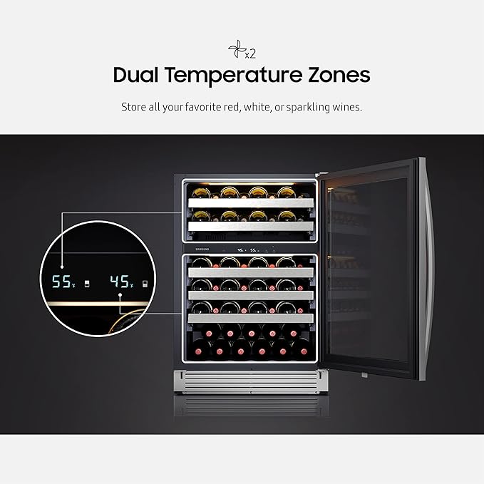 Samsung 34-Inch Wine Cooler Refrigerator, 51 Bottle Capacity, Freestanding, Under Cabinet Fridge W/ Dual Temperature Zones, LED Lighting, Fingerprint Resistant, RW51TS338SR/Aa, Stainless Steel - View 3 | Fridge.com