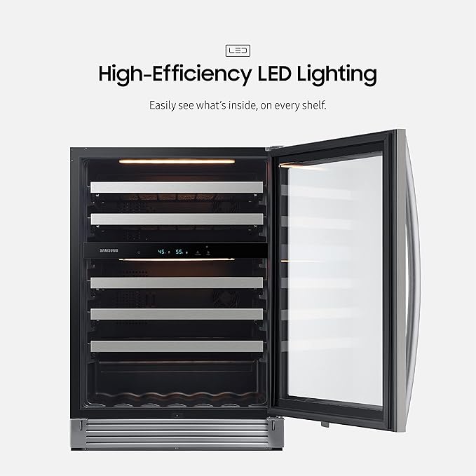Samsung 34-Inch Wine Cooler Refrigerator, 51 Bottle Capacity, Freestanding, Under Cabinet Fridge W/ Dual Temperature Zones, LED Lighting, Fingerprint Resistant, RW51TS338SR/Aa, Stainless Steel - View 5 | Fridge.com
