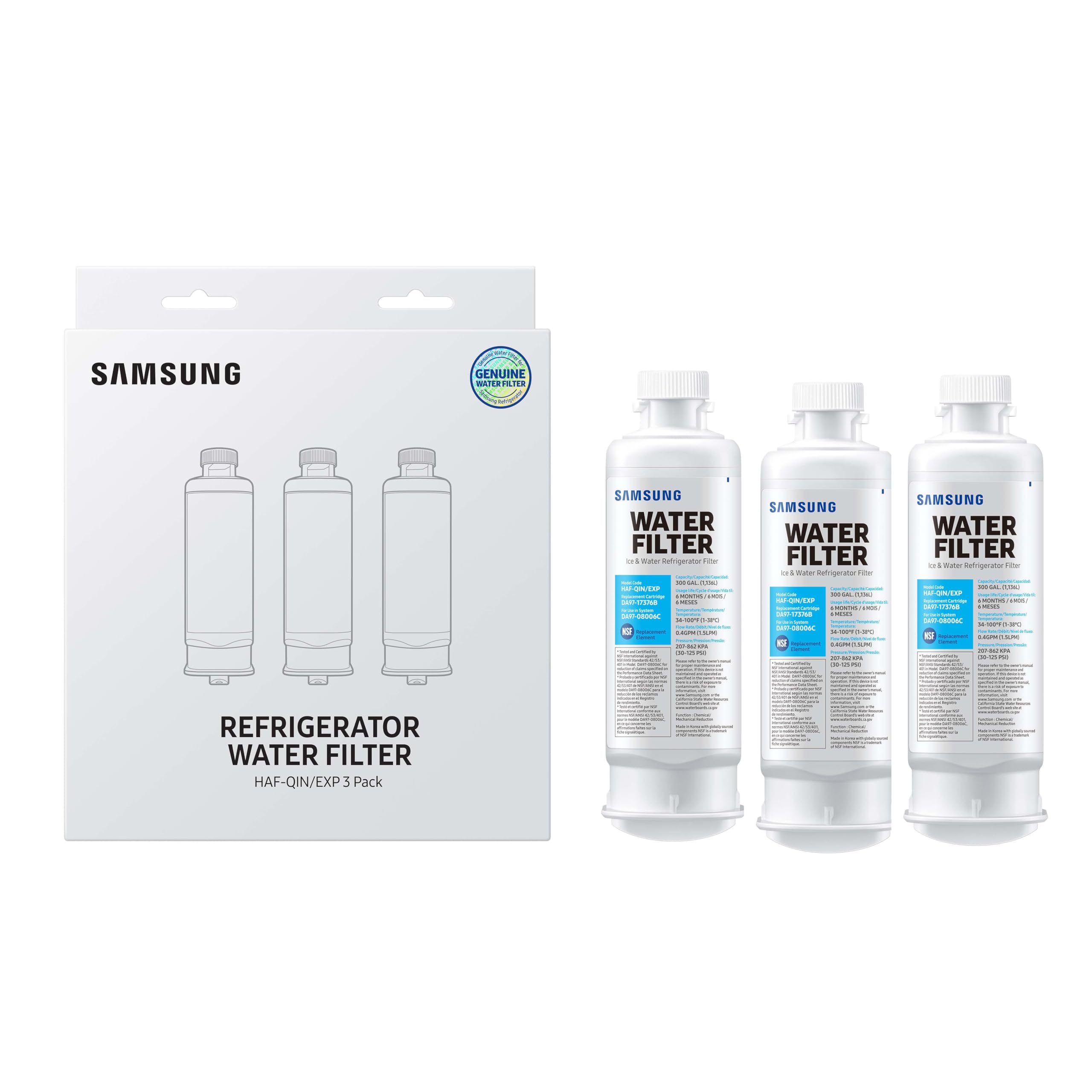 Samsung Genuine Filters for Refrigerator Water and Ice, Carbon Block Filtration for Clean, Clear Drinking Water, HAF-QIN-3P, (Pack of 3) | Fridge.com