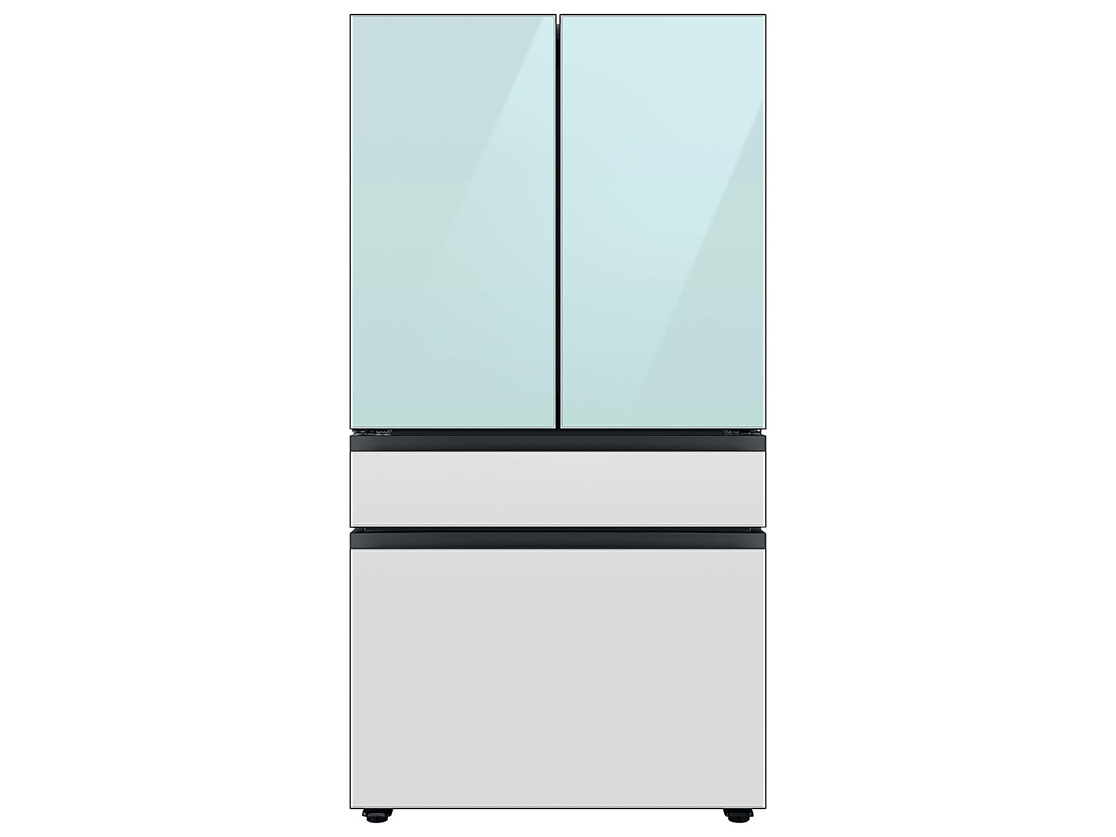 Samsung Bespoke 4-Door French Door Refrigerator in Morning Blue Glass Top/ White Glass Middle/ White Glass Bottom (23 cu. ft.) with Beverage Center™ in Morning Blue Glass Top Panels and White Glass Middle and Bottom Panels | Fridge.com