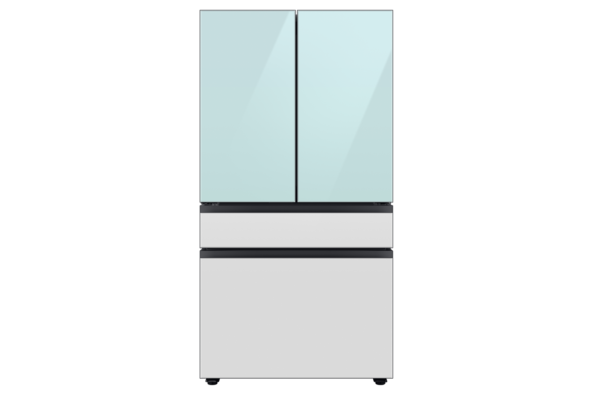 Samsung Bespoke 4-Door French Door Refrigerator In Morning Blue Glass Top/ White Glass Middle/ White Glass Bottom (23 cu. ft.) With Beverage Center™ In Morning Blue Glass Top Panels And White Glass Middle And Bottom Panels - View 3 | Fridge.com
