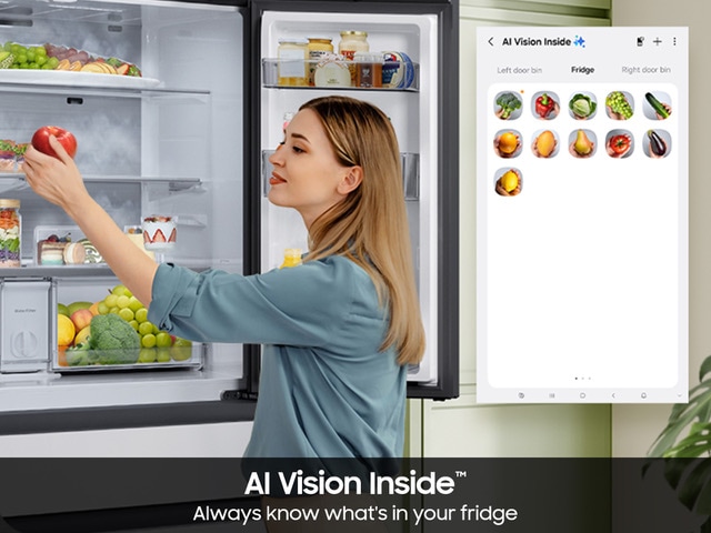 Samsung - 36 in. Wide Bespoke 23 cu. ft. Counter Depth 4-Door French Door Refrigerator With Ai Family Hub+ & Inner Beverage Center - Charcoal Glass & Stainless Steel - View 5 | Fridge.com