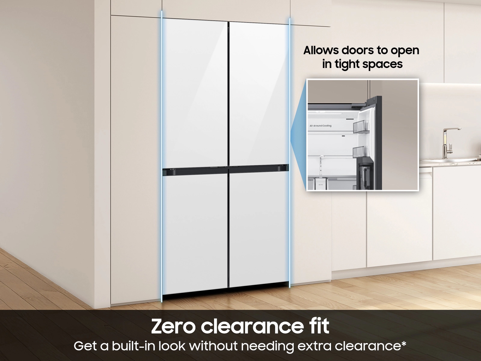 Samsung Bespoke 22 cu. ft. Counter Depth 4-Door French Door Refrigerator With Zero Clearance Fit & Food Showcase Door In White Glass(RM80F22WEWAA) - View 6 | Fridge.com