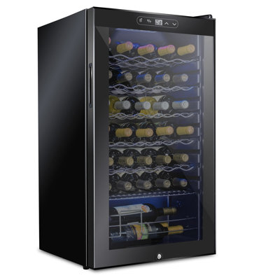 Schmecke 34 Bottle Compressor Wine Refrigerator, Freestanding Wine Cooler with Lock, Black | Fridge.com