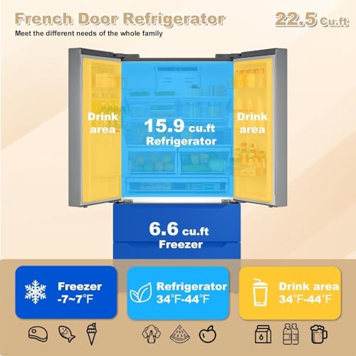 French Door Refrigerator 22.5 cu.ft, Frost Free Counter Depth Refrigerators, LED Lighting Stainless Steel Kitchen Refrigerator Bottom Freezer, With Ice Maker For Home Use - View 3 | Fridge.com