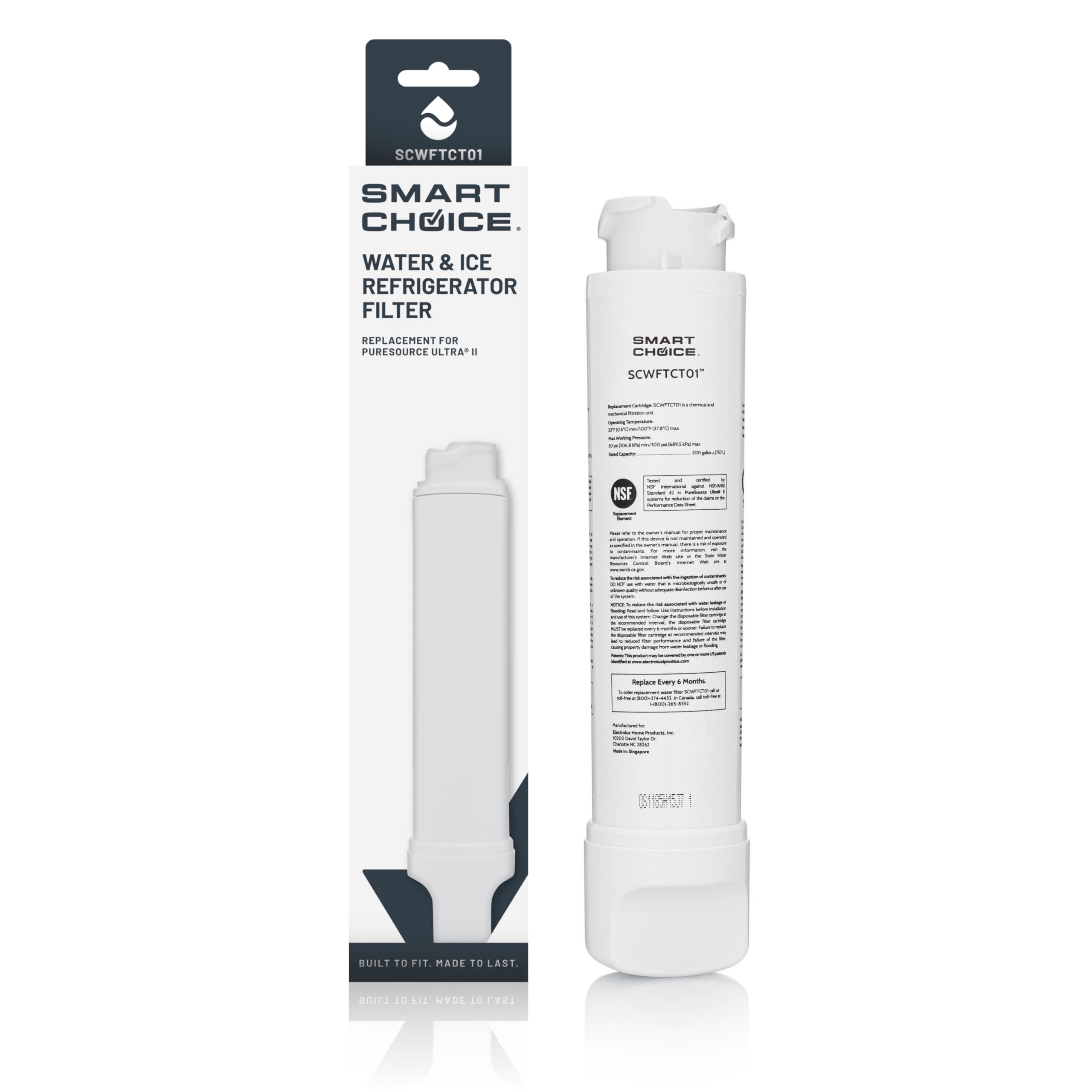 Smart Choice SCWFTCTO1 Refrigerator Water & Ice Filter, Genuine Replacement for Frigidaire EPTWFU01 PureSource Ultra II and Electrolux EWF02 PureAdvantage | Fridge.com