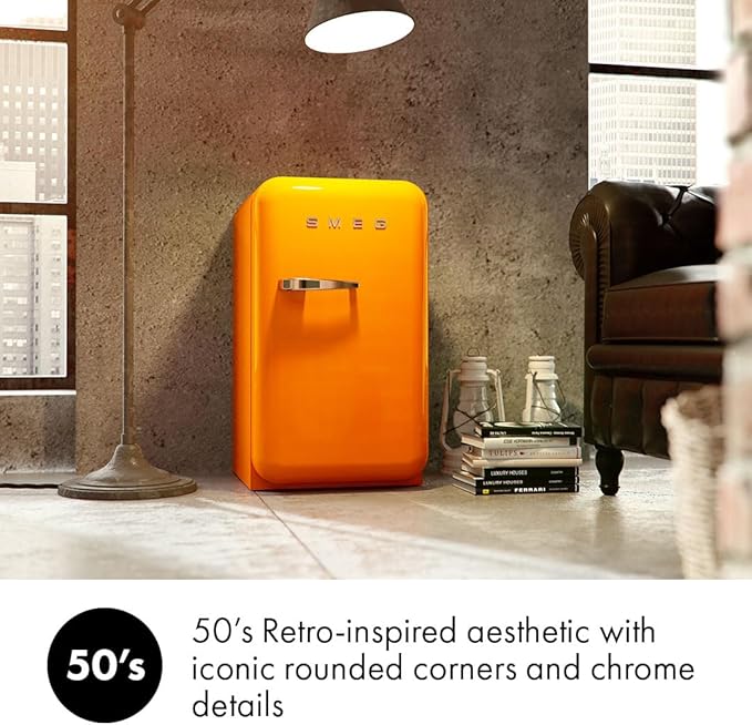 Smeg FAB5 Retro Mini Fridge – 50s Style Compact Small Refrigerator, 1.2 cu ft, Automatic Defrost, LED Lighting, Adjustable Shelves– Made In Italy – Perfect For Home, Dorm, Office, Hotel -Orange - View 2 | Fridge.com