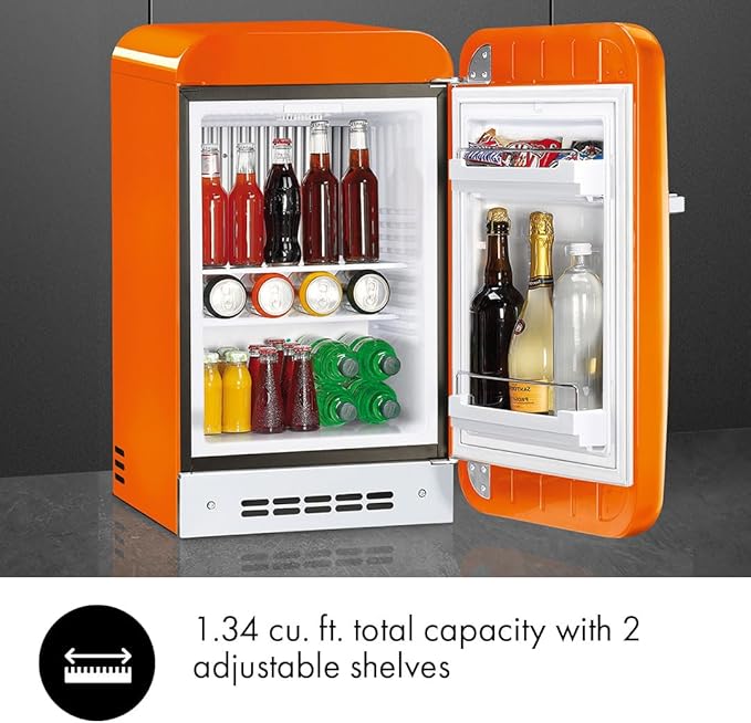 Smeg FAB5 Retro Mini Fridge – 50s Style Compact Small Refrigerator, 1.2 cu ft, Automatic Defrost, LED Lighting, Adjustable Shelves– Made In Italy – Perfect For Home, Dorm, Office, Hotel -Orange - View 3 | Fridge.com