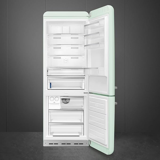 Smeg FAB38 Retro Style Refrigerator With Bottom Freezer – Made In Italy – Multiflow Cooling – LED Lighting – Glossy Finish – 3 Adjustable Glass Shelves - Pastel Green - View 2 | Fridge.com