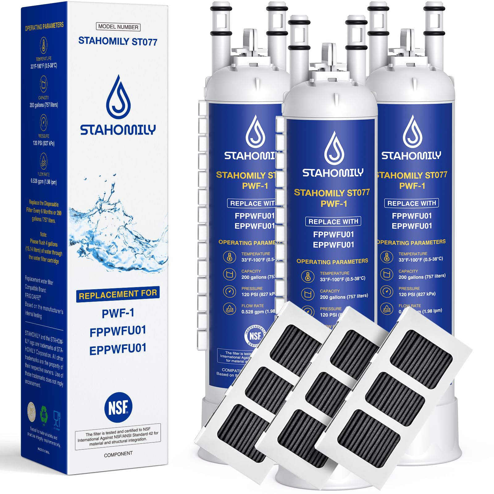 FPPWFU01 PWF-1 Water Filter Replacement for Frigidaire, PurePour FPPWFU01, PWF-1 and PureAir Ultra II PAULTRA2 Air Filter Combo(3+3) | Fridge.com