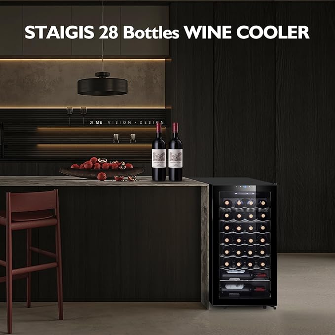 Staigis 28 Bottle Compressor Wine Cooler Refrigerator, Small Freestanding Wine Fridge For Red, White And Champagne, Mini Fridge With 40-66F Digital Temperature Control Glass Door - View 2 | Fridge.com