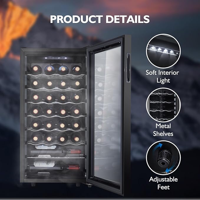 Staigis 28 Bottle Compressor Wine Cooler Refrigerator, Small Freestanding Wine Fridge For Red, White And Champagne, Mini Fridge With 40-66F Digital Temperature Control Glass Door - View 3 | Fridge.com