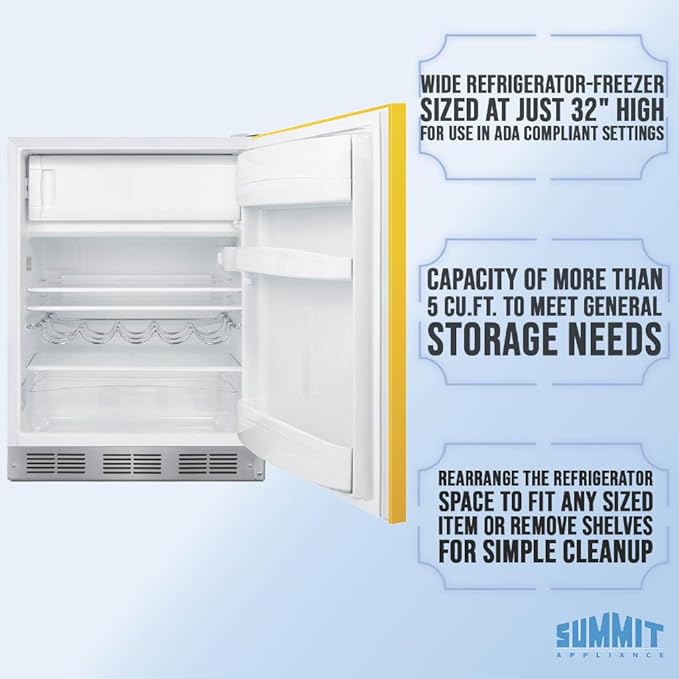 Summit 24" Refrigerator Freezer, Undercounter Fridge, 5.04 Cu.Ft. Capacity, ADA Compliant, Energy Star, Yellow - Brf611whyada - View 5 | Fridge.com