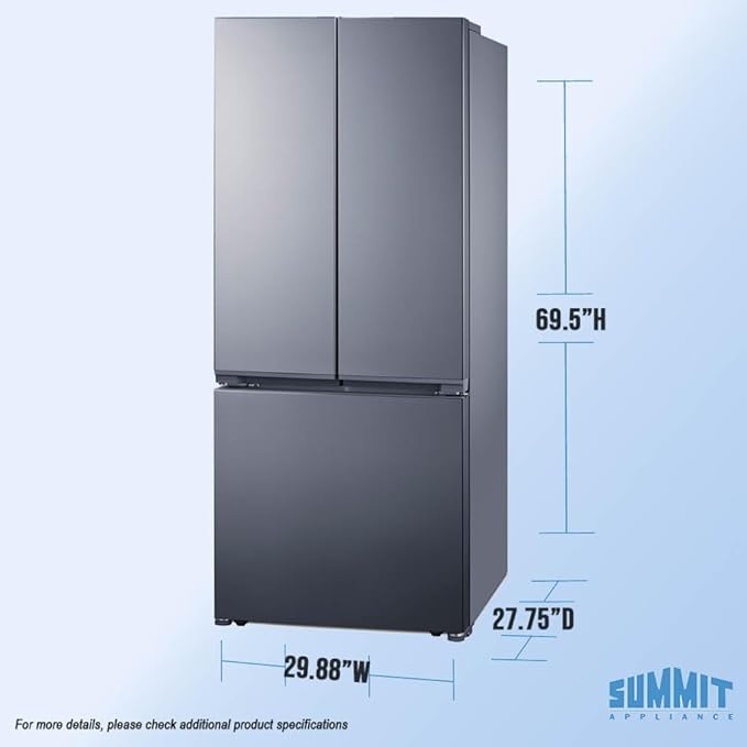 Summit 30" French Door Refrigerator, 16.1 cu.ft Capacity Refrigerator-Freezer, Bottom Mount Freezer, Freezer with Ice Maker, Energy Star, Stainless Steel- FDRD175SSIM | Fridge.com
