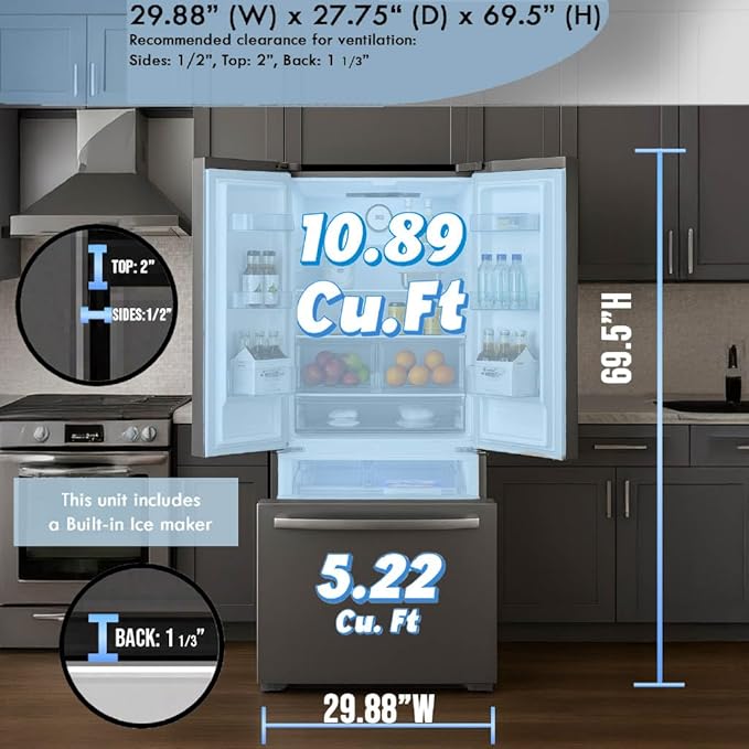 Summit 30" French Door Refrigerator, 16.1 cu.ft Capacity Refrigerator-Freezer, Bottom Mount Freezer, Freezer with Ice Maker, Energy Star, Stainless Steel- FDRD175SSIM | Fridge.com