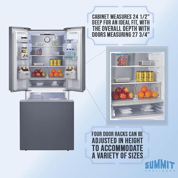 Summit 30" French Door Refrigerator, 16.1 cu.ft Capacity Refrigerator-Freezer, Bottom Mount Freezer, Freezer with Ice Maker, Energy Star, Stainless Steel- FDRD175SSIM | Fridge.com