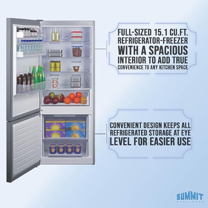 Summit 28" Bottom Freezer Refrigerator, Refrigerator- Freezer, Energy Star, Stainless Steel - Ffbf154sslhd (Left Hand Door) - View 4 | Fridge.com