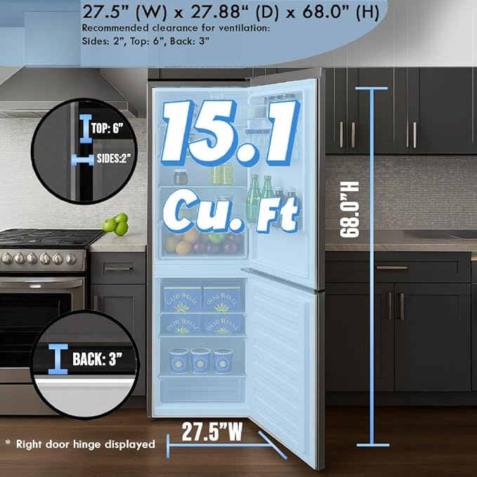 Summit 28" Bottom Freezer Refrigerator, Refrigerator- Freezer, Energy Star, Stainless Steel - Ffbf154sslhd (Left Hand Door) - View 5 | Fridge.com