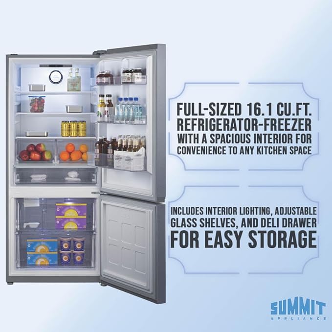 Summit 30" Refrigerator, 16.1 cu.ft Capacity Refrigerator-Freezer, Bottom Mount Freezer, Freezer With Ice Maker, Energy Star, Stainless Steel- FFBF174SSIM (Right Hand Door) - View 6 | Fridge.com