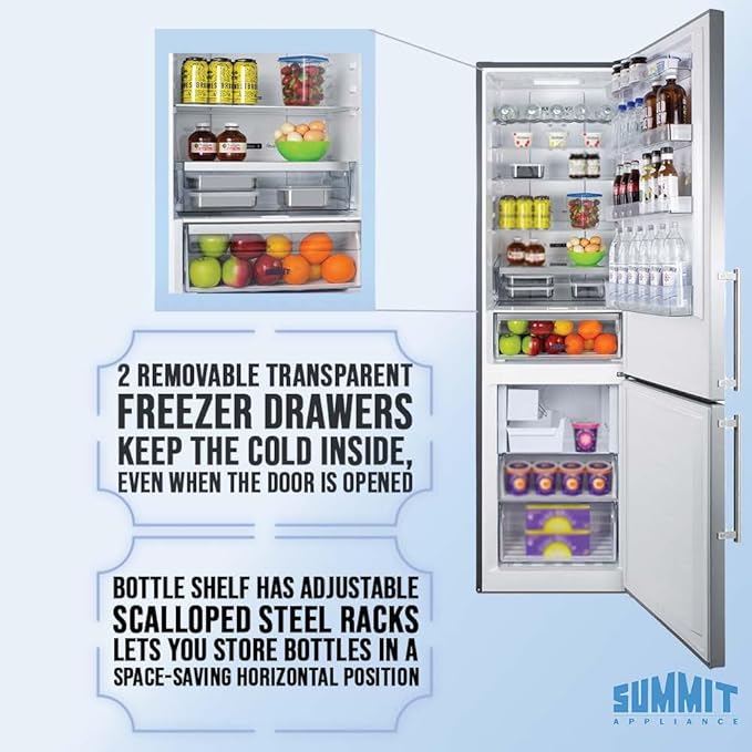 Summit 24" Refrigerator, 11.7 cu.ft Capacity Refrigerator - Freezer, Bottom Freezer, Ice Maker, Counter Depth, Stainless Steel - FFBF181ES2IM - View 5 | Fridge.com
