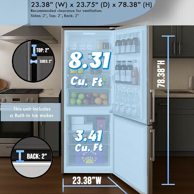 Summit 24" Refrigerator, 11.7 cu.ft Capacity Refrigerator - Freezer, Bottom Freezer, Ice Maker, Counter Depth, Stainless Steel - FFBF181ES2IM - View 6 | Fridge.com