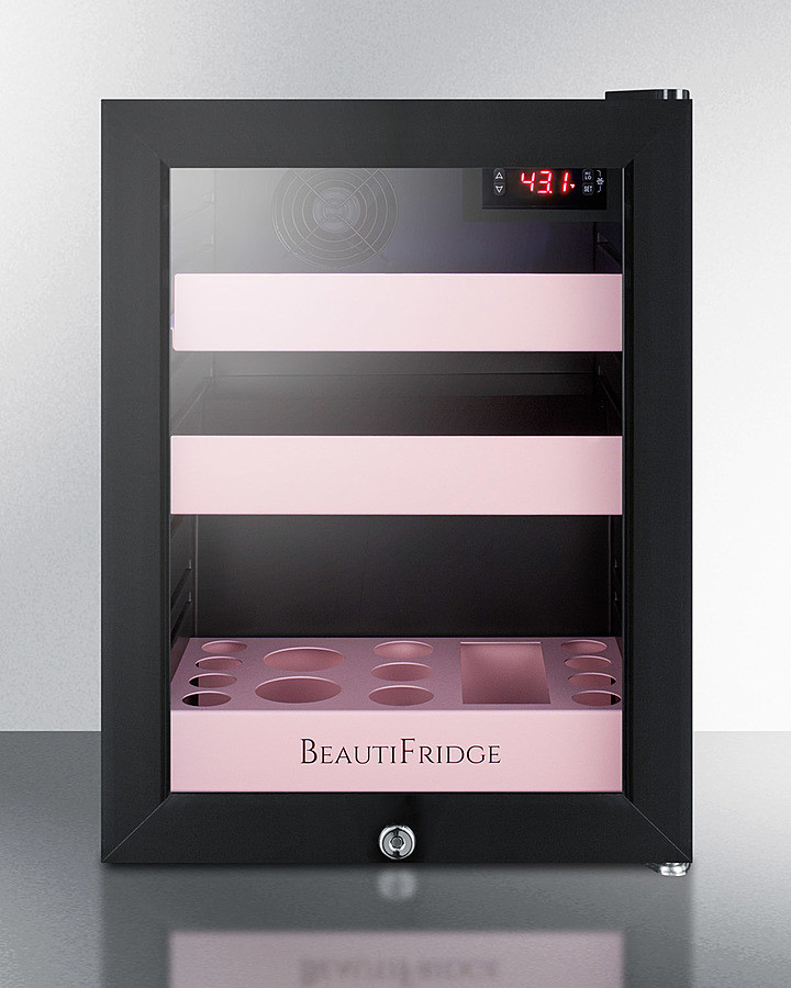 Summit Appliance LX114LP BeautiFridge Compact Cosmetics Cooler, Black Finish with Pink Adjustable Shelves, Digital Thermostat, Automatic Defrost, Factory Lock, Tempered Glass Door | Fridge.com