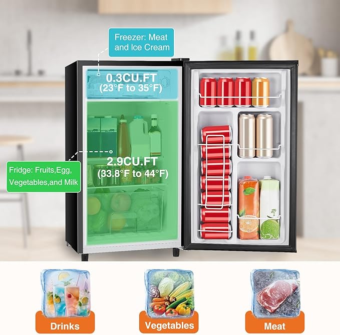 Sweetcrispy 3.2 cu.ft Mini Fridge With Freezer Small Refrigerator Single Door Adjustable Thermostat Energy-Efficient Low Noise, Compact Fridge For Bedroom, Office, Dorm (Black) - View 3 | Fridge.com