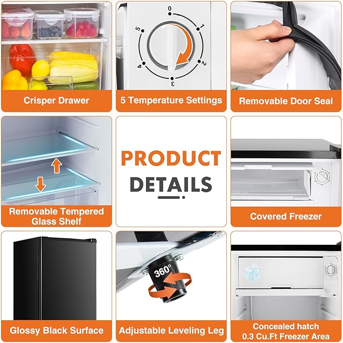 Sweetcrispy 3.2 cu.ft Mini Fridge With Freezer Small Refrigerator Single Door Adjustable Thermostat Energy-Efficient Low Noise, Compact Fridge For Bedroom, Office, Dorm (Black) - View 5 | Fridge.com