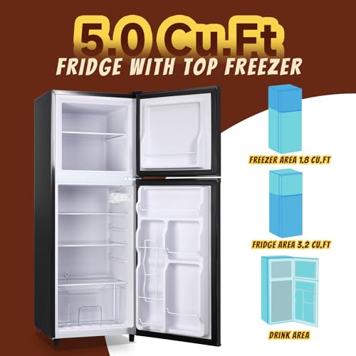 TACOOL 5.0 Cu.Ft Small Refrigerator with Freezer Double Door Mini Fridge Top Freezer Adjustable Temperature for Dorm Office Apartment Black | Fridge.com
