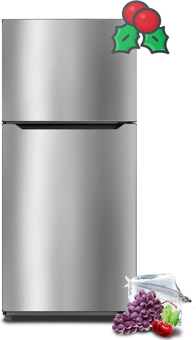 Techomey 13.9 Cu.Ft.Top Freezer Refrigerator, Frost Free Refrigerator with Freezer, 28" Compact Garage Fridge, Standard Depth, Gallon Door Bins, LED Light, Stainless Steel | Fridge.com