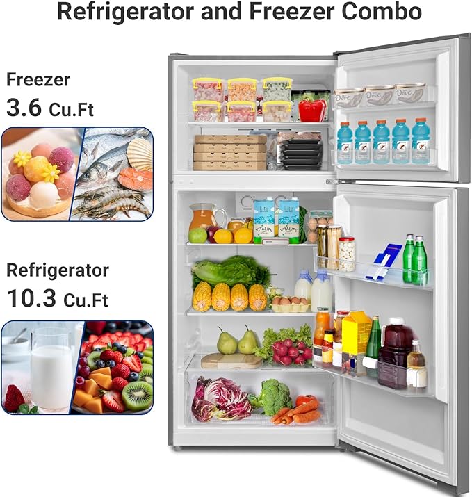 Techomey 13.9 Cu.Ft.Top Freezer Refrigerator, Frost Free Refrigerator With Freezer, 28" Compact Garage Fridge, Standard Depth, Gallon Door Bins, LED Light, Stainless Steel - View 2 | Fridge.com