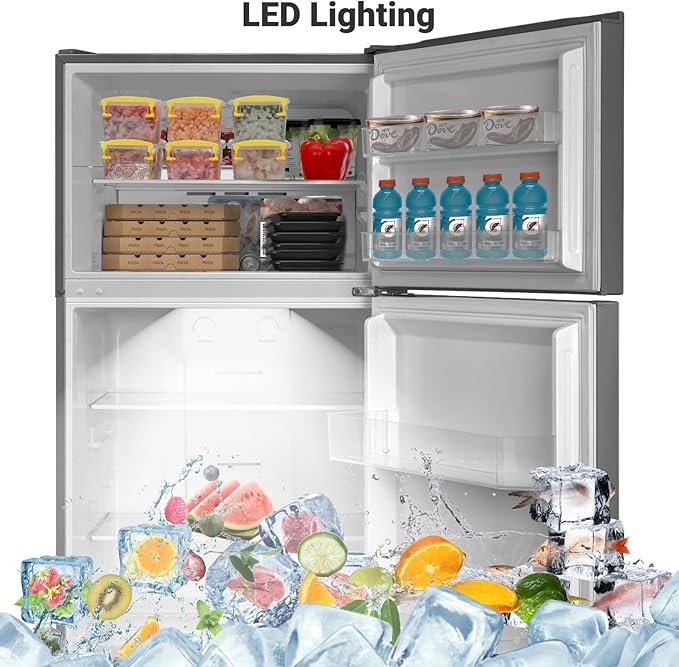 Techomey 13.9 Cu.Ft.Top Freezer Refrigerator, Frost Free Refrigerator With Freezer, 28" Compact Garage Fridge, Standard Depth, Gallon Door Bins, LED Light, Stainless Steel - View 4 | Fridge.com