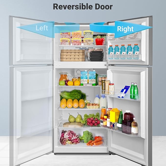 Techomey 13.9 Cu.Ft.Top Freezer Refrigerator, Frost Free Refrigerator With Freezer, 28" Compact Garage Fridge, Standard Depth, Gallon Door Bins, LED Light, Stainless Steel - View 5 | Fridge.com