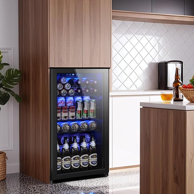 Tehanld Beverage Fridge, 130 Can Mini Fridge With Glass Door, Beverage Cooler Refrigerator, Wine Drink Beer Cooler, Adjustable Shelves & Digital Temperature Display - View 5 | Fridge.com