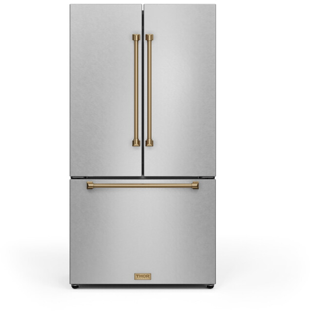36 in. Wide Gordon Ramsay Series by Thor Kitchen 20.3 Cu. Ft. Counter Depth Refrigerator with Bronze Hardware - Stainless Steel | Fridge.com
