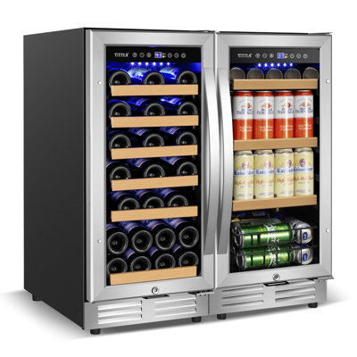 30" Wine and Beverage Refrigerator 30 Bottle & 130 Can Dual Zone Split Wine Cooler with Four Handles | Fridge.com