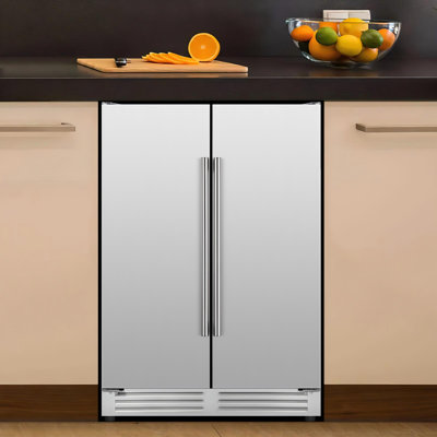 24-Inch 180-Can French Door Beverage Refrigerator, Built-In or Freestanding Beer & Drink Cooler, Black and Silver Stainless Steel Options, Dual Handle | Fridge.com