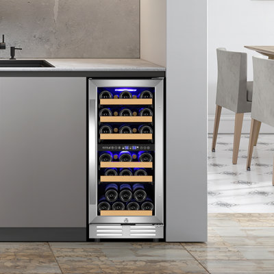 15" Dual Zone Wine Cooler, 30 Bottle Built-In or Freestanding Wine Refrigerator, Undercounter Wine Fridge with Reversible Door, Two Handle Options & A | Fridge.com