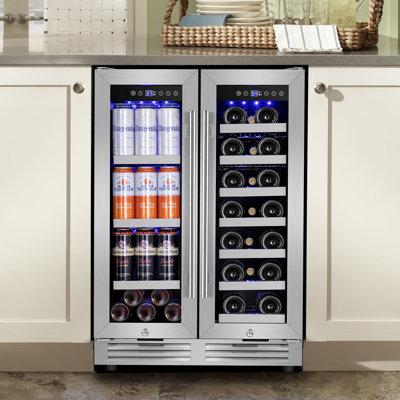 24" 20 Bottles and 60 Cans Dual Zone Beverage and Wine Refrigerator Built-In & Freestanding Drinks Cooler with 10 Removable Shelves and 4 Door Handles | Fridge.com