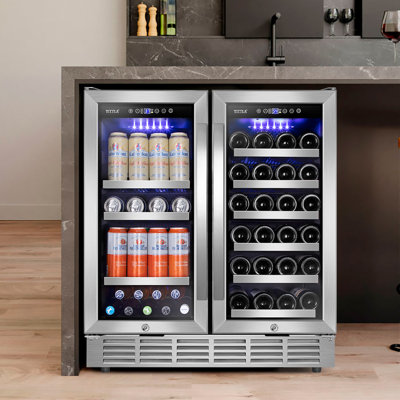 30" Wine and Beverage Refrigerator 33 Bottle & 130 Cans Built-in Wine Cooler with Four Handle Dual Zone | Fridge.com