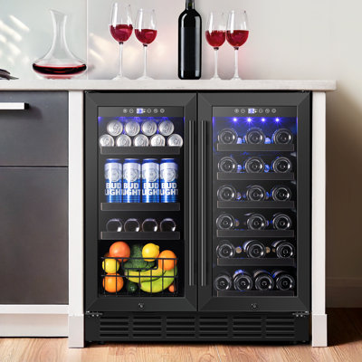 30" Wine And Beverage Refrigerator Black 33 Bottle And 130 Can Built-In/Freestanding Wine Cooler With Basket Dual Zone | Fridge.com